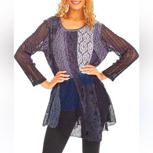 Fantazia BOHO Blue Lace Patchwork sweater Top Size L Crew Neck Lined Asymetric